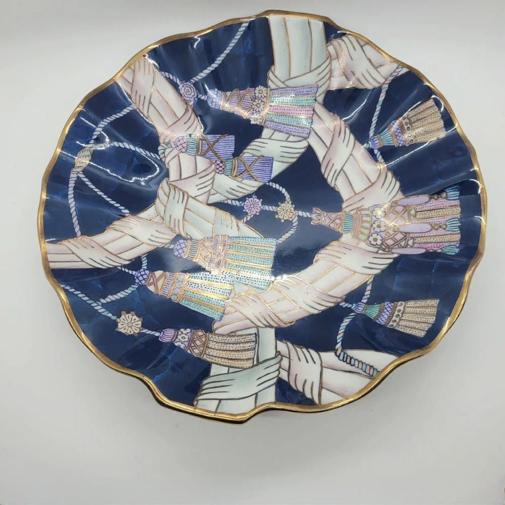 HFP Macau Hand Painted Porcelain Tassel Plate Cobalt Blue Scalloped Gold Rim 10